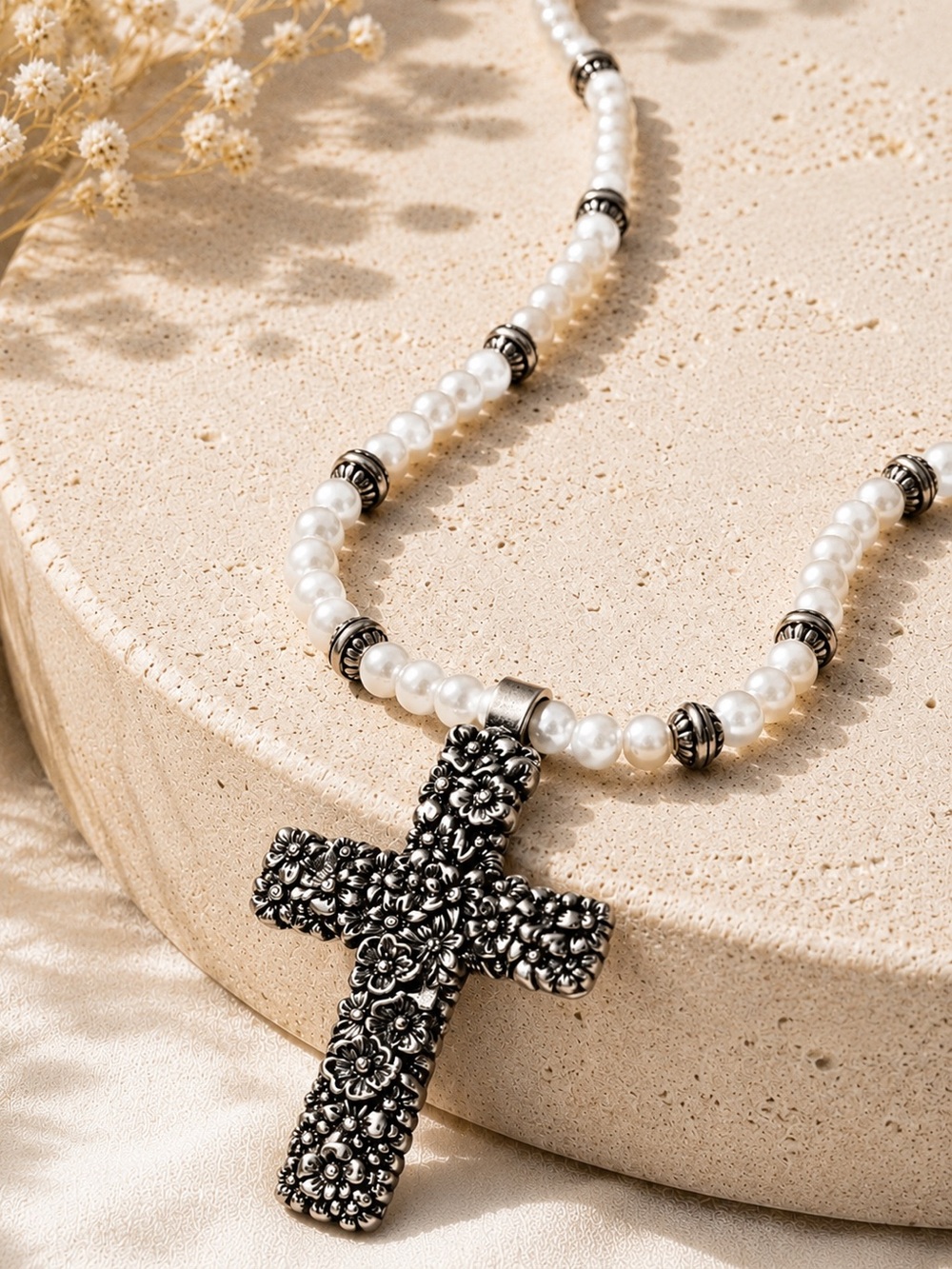 Brighton Lola Floral Cross Pearl Beaded Necklace Retired Vintage 27”